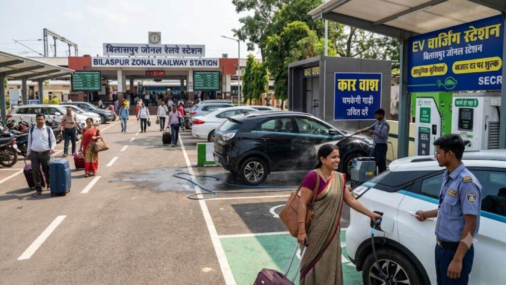बिलासपुर रेलवे स्टेशन पर मिलेगी Hi-Tech सर्विस, अब कार पार्किंग में ही होगी एव चार्जिंग और कार वॉश की सुविधा - राष्ट्रवाणी - Chhattisgarh समाचार