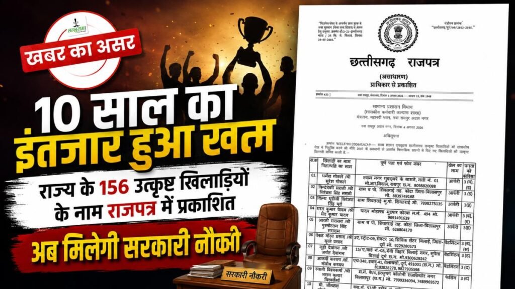 खबर का असर: 10 साल का इंतजार हुआ खत्म, राज्य के 156 उत्कृष्ट खिलाड़ियों के नाम राजपत्र में प्रकाशित, अब मिलेगी सरकारी नौकरी - राष्ट्रवाणी - Chhattisgarh समाचार