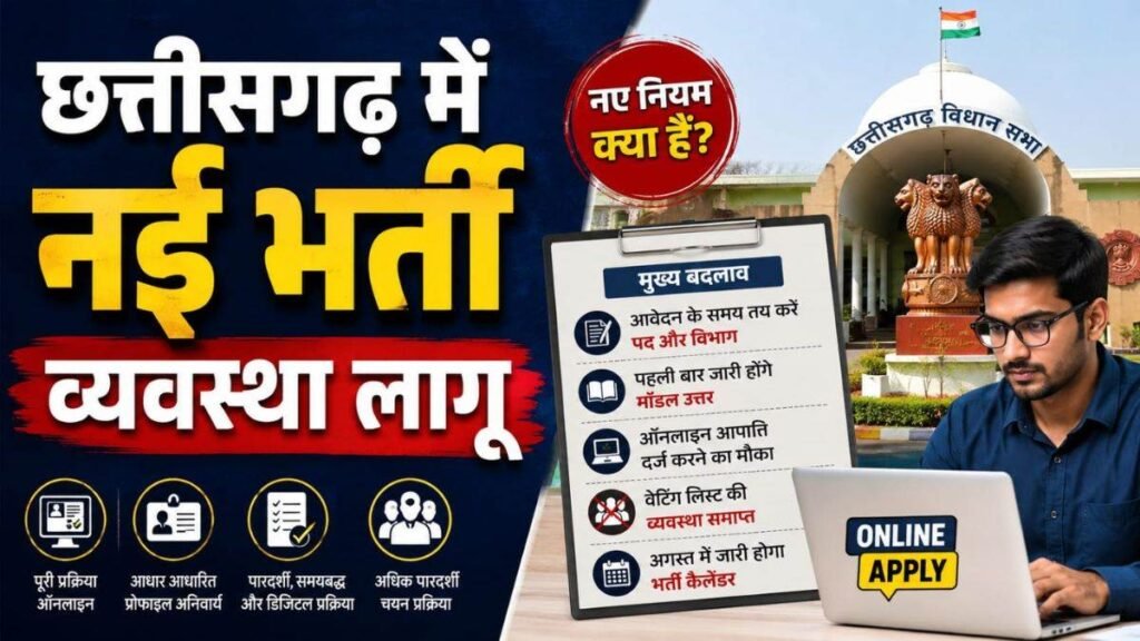 छत्तीसगढ़ सरकारी भर्ती नियमों में बड़ा बदलाव, आवेदन के बाद नहीं बदल सकेंगे पद और विभाग की प्राथमिकता; मेरिट के बाद सीधे भर्ती - राष्ट्रवाणी - Chhattisgarh समाचार छत्तीसगढ़ सरकारी भर्ती नियमों में बड़ा बदलाव, आवेदन के बाद नहीं बदल सकेंगे पद और विभाग की प्राथमिकता; मेरिट के बाद सीधे भर्ती - राष्ट्रवाणी - Chhattisgarh समाचार