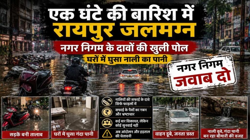 एक घंटे की बारिश में रायपुर जलमग्न : नगर निगम के दावों की खुली पोल, घरों में घुसा नाली का पानी, नेता प्रतिपक्ष बोले – नालियों की सफाई के नाम पर हो रहा भ्रष्टाचार - राष्ट्रवाणी - Chhattisgarh समाचार