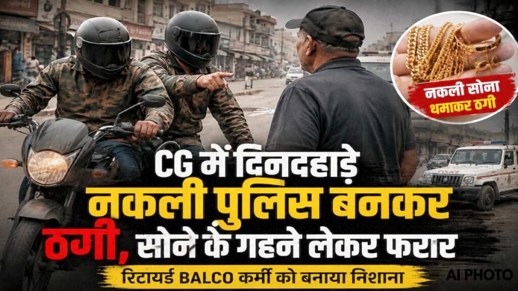कग में दिनदहाड़े नकली पुलिस बनकर ठगी : रिटायर्ड बालको कर्मचारी से सोने की चेन-अंगूठी लेकर थमाए नकली गहने - राष्ट्रवाणी - Chhattisgarh समाचार कग में दिनदहाड़े नकली पुलिस बनकर ठगी : रिटायर्ड बालको कर्मचारी से सोने की चेन-अंगूठी लेकर थमाए नकली गहने - राष्ट्रवाणी - Chhattisgarh समाचार