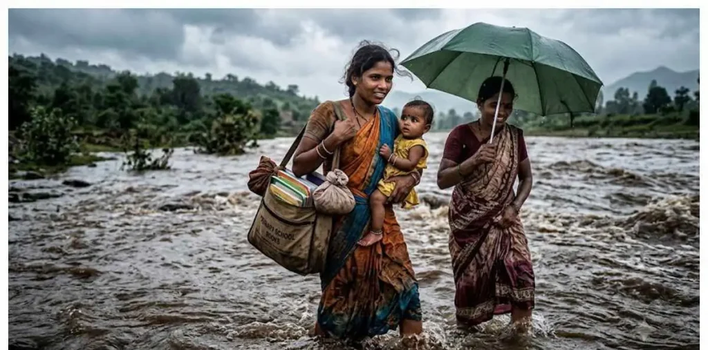 गोद में नौ माह की बेटी, कंधे पर बच्चों का भविष्य और सामने उफनती नदी… फिर भी नहीं रुकते कदम – राष्ट्रवाणी गोद में नौ माह की बेटी, कंधे पर बच्चों का भविष्य और सामने उफनती नदी… फिर भी नहीं रुकते कदम – राष्ट्रवाणी